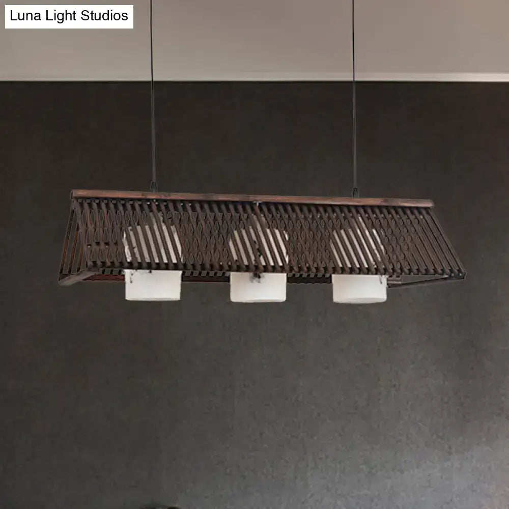Decorbites modernist linear island lighting with dark metal frame, beige brown finish, and three white glass shades