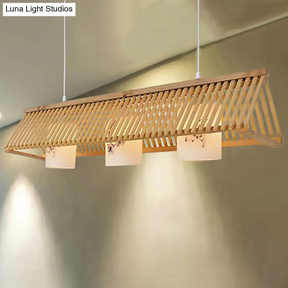 Decorbites modernist linear island beige brown bamboo pendant lamp with three floral paper shades for dining room lighting