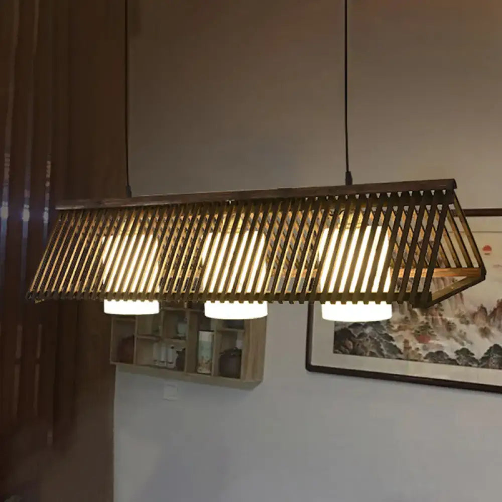 DecorBites modernist linear island lighting wood 3-light pendant in beige brown with dark wood slats and warm bulbs
