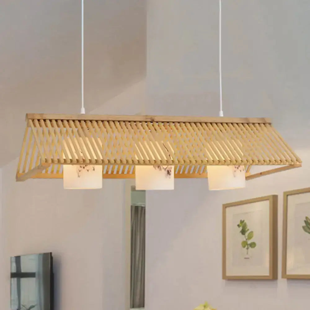 Beige brown decorbites modernist linear island lighting wood pendant lamp with three white fabric shades for dining room