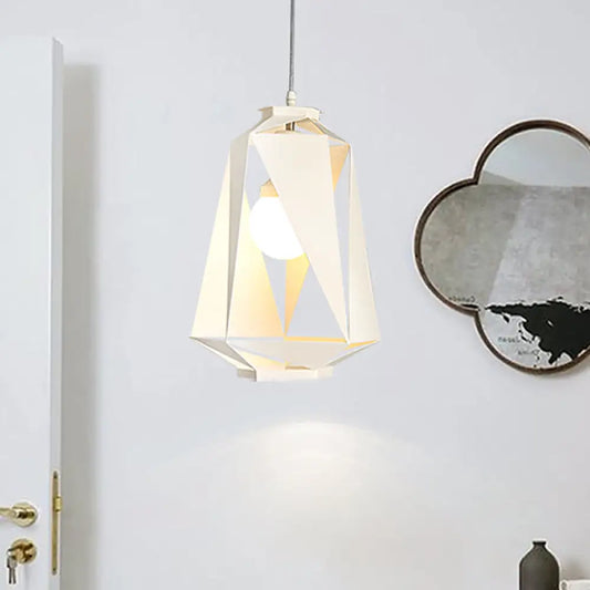 Modernist Metal Diamond Pendant Lamp - 1 Light, White Finish, Hollow-Out Design - Ceiling Hanging Fixture