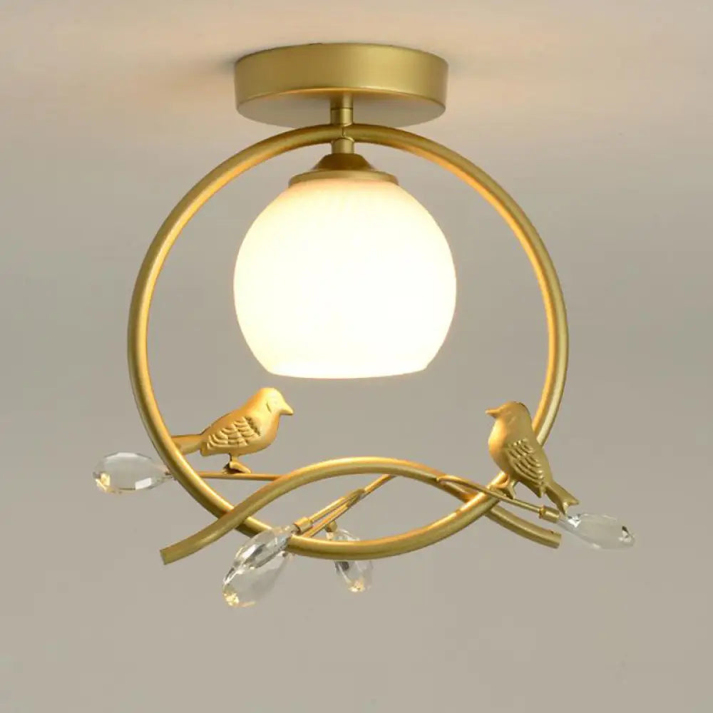 Modernist Metal Ring Semi-Flush Mount Black/Gold Flush Lighting with Bird and Crystal Deco