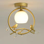 Modernist Metal Ring Semi-Flush Mount Black/Gold Flush Lighting with Bird and Crystal Deco