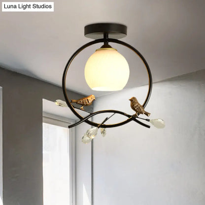 Modernist Metal Ring Semi-Flush Mount Black/Gold Flush Lighting with Bird and Crystal Deco