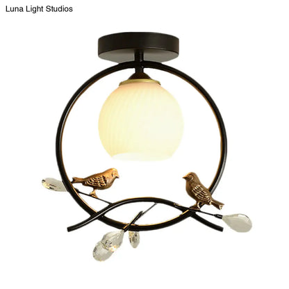 Modernist Metal Ring Semi-Flush Mount Black/Gold Flush Lighting with Bird and Crystal Deco