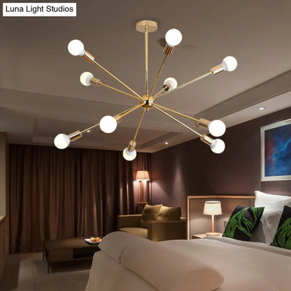 Lámpara de techo colgante modernista con forma de estrella metálica - 26"/38.5" de ancho, dorada, 6/10/12 luces - Lámpara de techo con bombillas desnudas