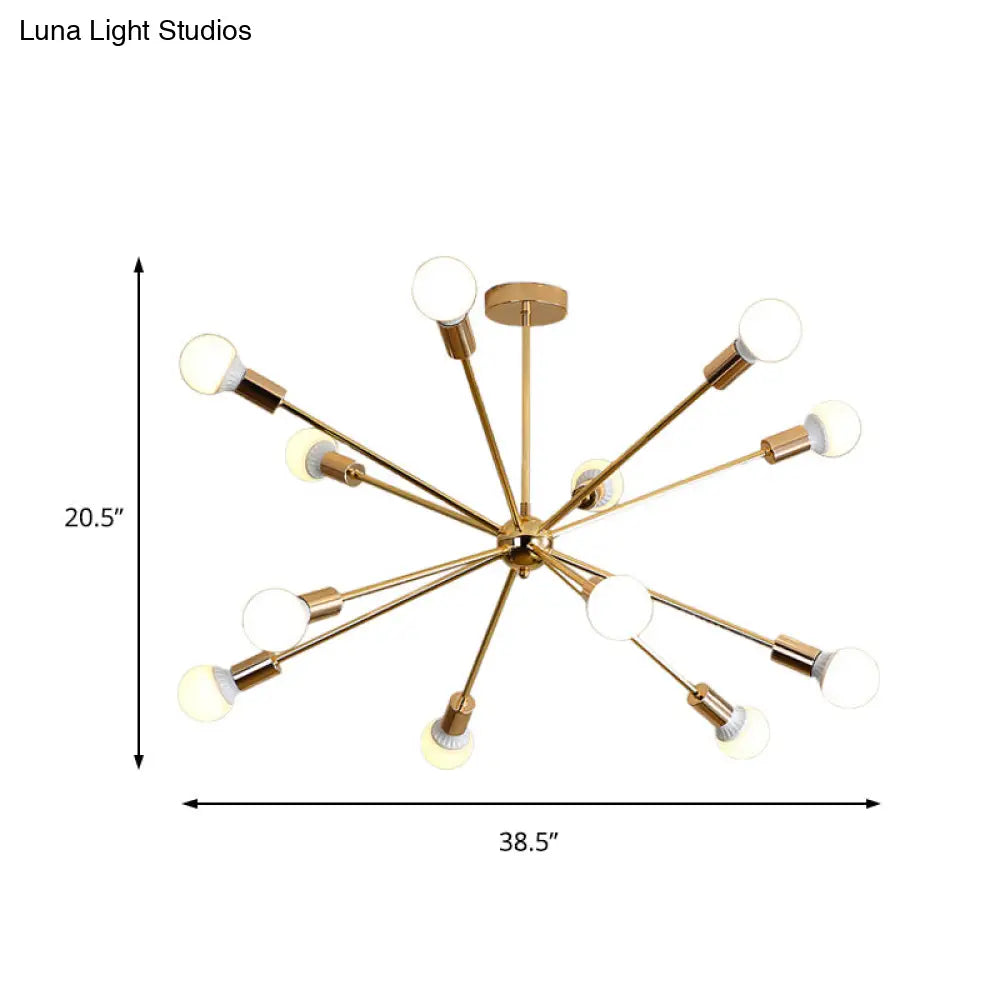 Lámpara de techo colgante modernista con forma de estrella metálica - 26"/38.5" de ancho, dorada, 6/10/12 luces - Lámpara de techo con bombillas desnudas