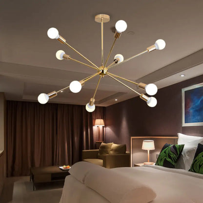 Lámpara de techo colgante modernista con forma de estrella metálica - 26"/38.5" de ancho, dorada, 6/10/12 luces - Lámpara de techo con bombillas desnudas