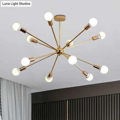 Lámpara de techo colgante modernista con forma de estrella metálica - 26"/38.5" de ancho, dorada, 6/10/12 luces - Lámpara de techo con bombillas desnudas