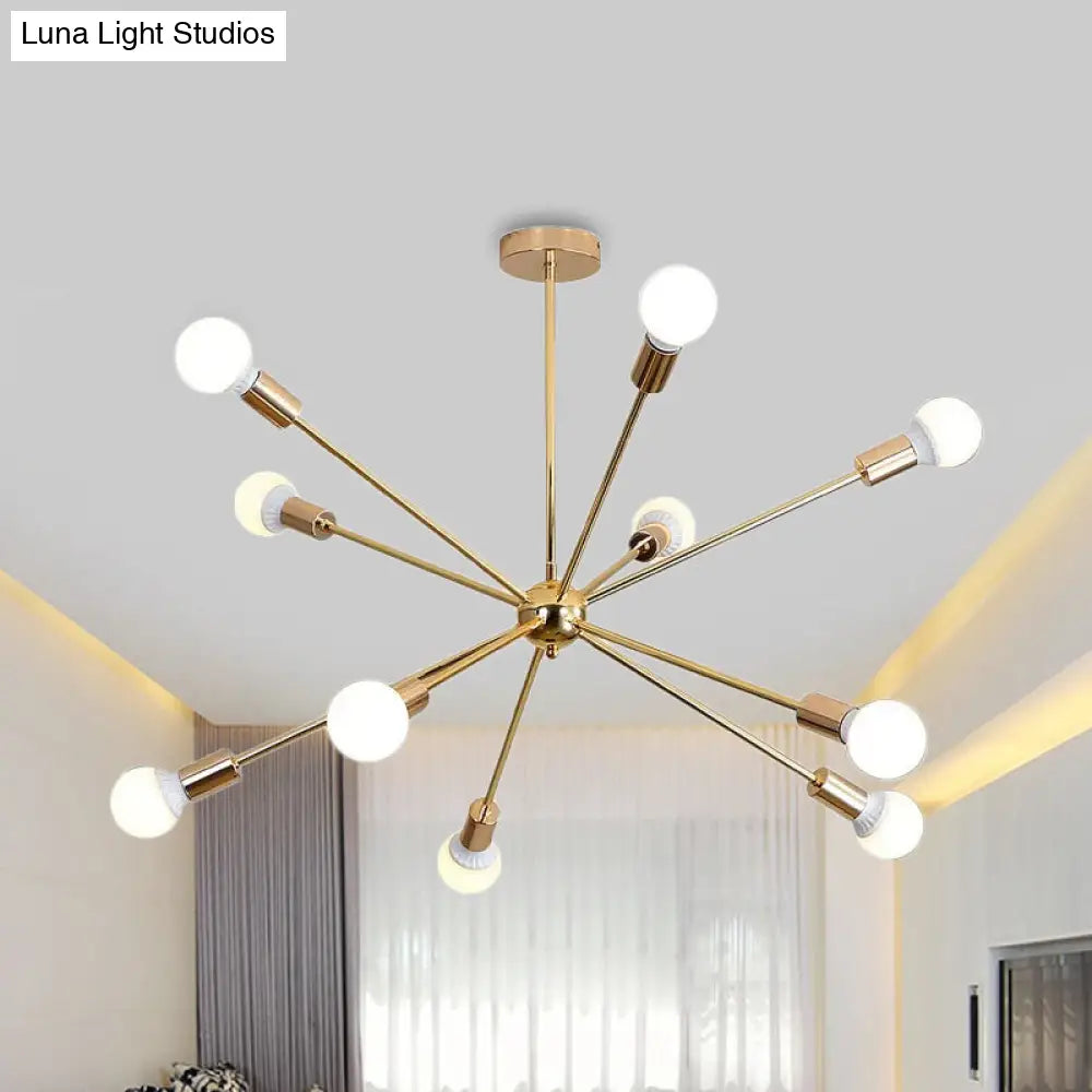 Lámpara de techo colgante modernista con forma de estrella metálica - 26"/38.5" de ancho, dorada, 6/10/12 luces - Lámpara de techo con bombillas desnudas