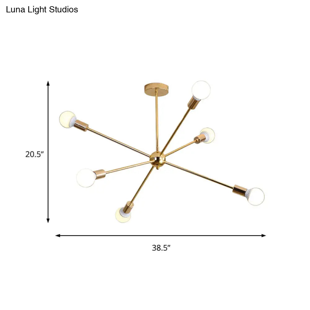 Lámpara de techo colgante modernista con forma de estrella metálica - 26"/38.5" de ancho, dorada, 6/10/12 luces - Lámpara de techo con bombillas desnudas