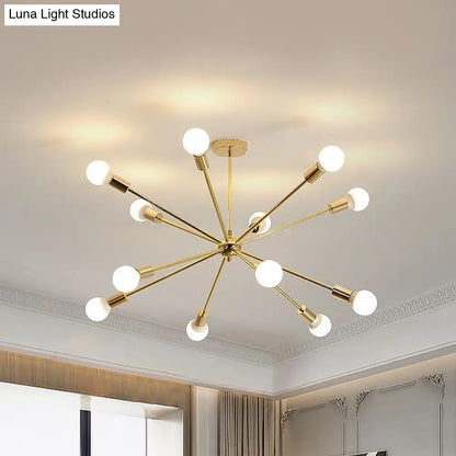 Lámpara de techo colgante modernista con forma de estrella metálica - 26"/38.5" de ancho, dorada, 6/10/12 luces - Lámpara de techo con bombillas desnudas