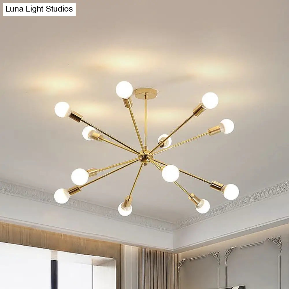 Lámpara de techo colgante modernista con forma de estrella metálica - 26"/38.5" de ancho, dorada, 6/10/12 luces - Lámpara de techo con bombillas desnudas