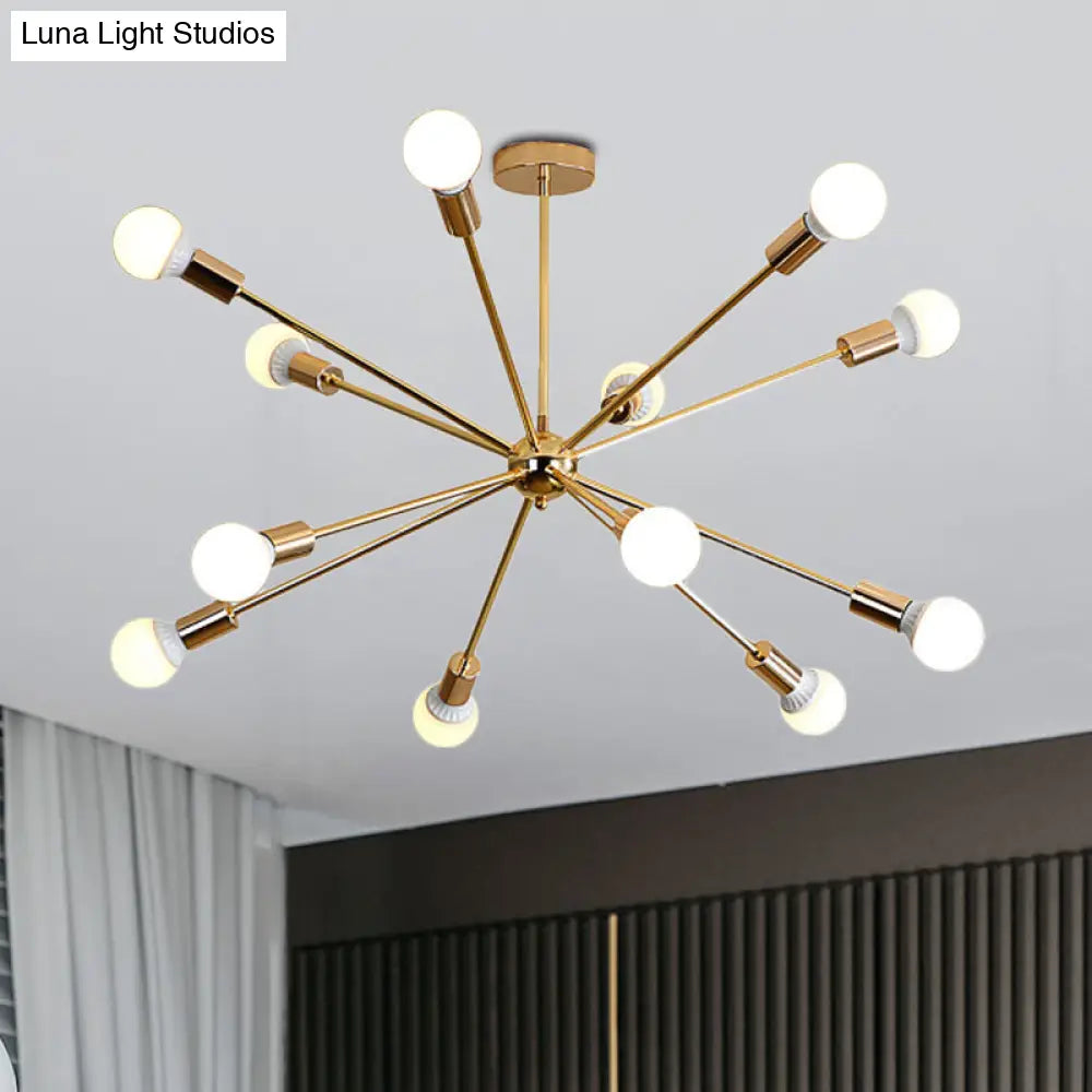 Lámpara de techo colgante modernista con forma de estrella metálica - 26"/38.5" de ancho, dorada, 6/10/12 luces - Lámpara de techo con bombillas desnudas