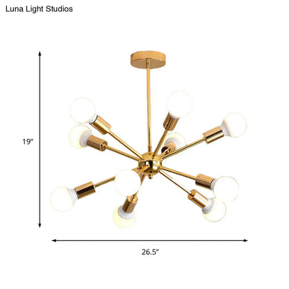 Lámpara de techo colgante modernista con forma de estrella metálica - 26"/38.5" de ancho, dorada, 6/10/12 luces - Lámpara de techo con bombillas desnudas