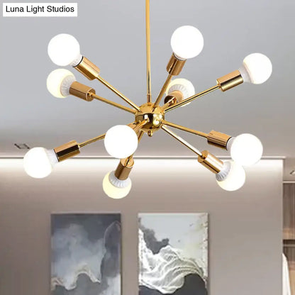 Lámpara de techo colgante modernista con forma de estrella metálica - 26"/38.5" de ancho, dorada, 6/10/12 luces - Lámpara de techo con bombillas desnudas