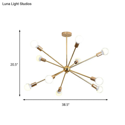 Lámpara de techo colgante modernista con forma de estrella metálica - 26"/38.5" de ancho, dorada, 6/10/12 luces - Lámpara de techo con bombillas desnudas