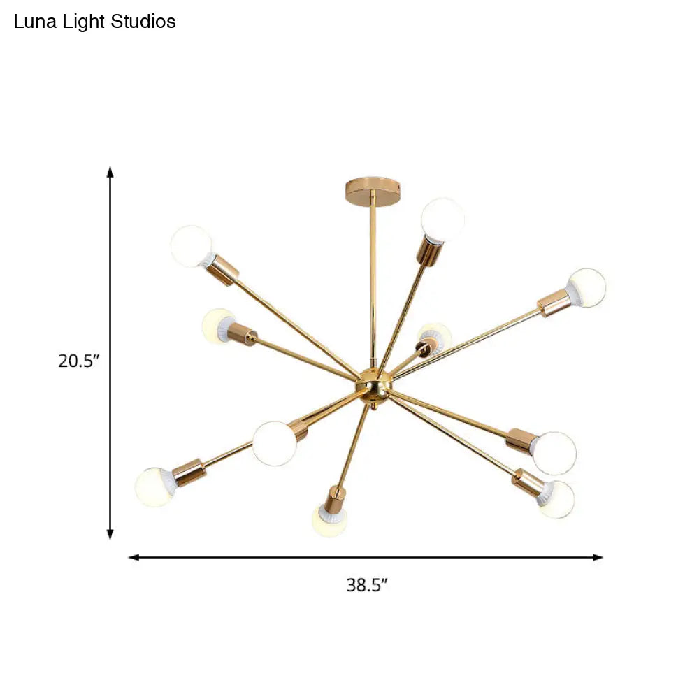 Lámpara de techo colgante modernista con forma de estrella metálica - 26"/38.5" de ancho, dorada, 6/10/12 luces - Lámpara de techo con bombillas desnudas