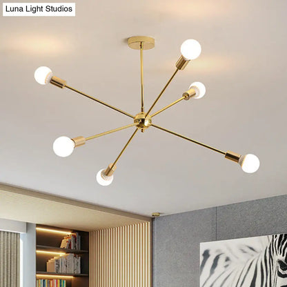 Lámpara de techo colgante modernista con forma de estrella metálica - 26"/38.5" de ancho, dorada, 6/10/12 luces - Lámpara de techo con bombillas desnudas