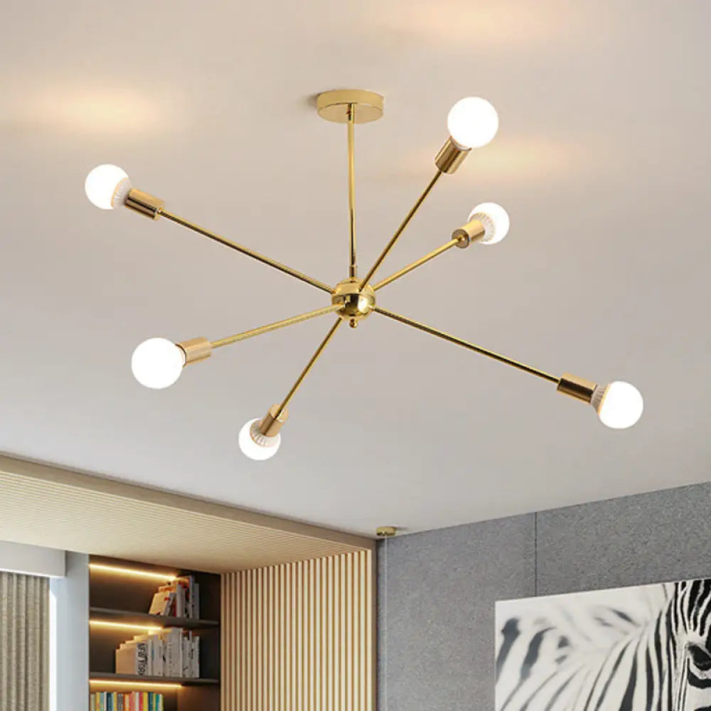 Lámpara de techo colgante modernista con forma de estrella metálica - 26"/38.5" de ancho, dorada, 6/10/12 luces - Lámpara de techo con bombillas desnudas