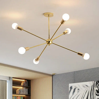 Lámpara de techo colgante modernista con forma de estrella metálica - 26"/38.5" de ancho, dorada, 6/10/12 luces - Lámpara de techo con bombillas desnudas