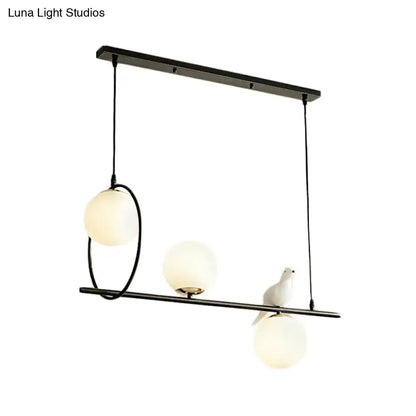 Modernist milk glass pendant black metal light with three frosted globes and white ceramic dove for dining room 220v-240v