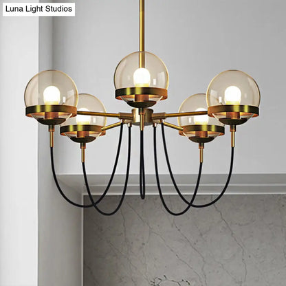 Lámpara de techo colgante modernista de múltiples luces: Cristal transparente global, negro/dorado, pantalla interior esférica de cristal ahumado