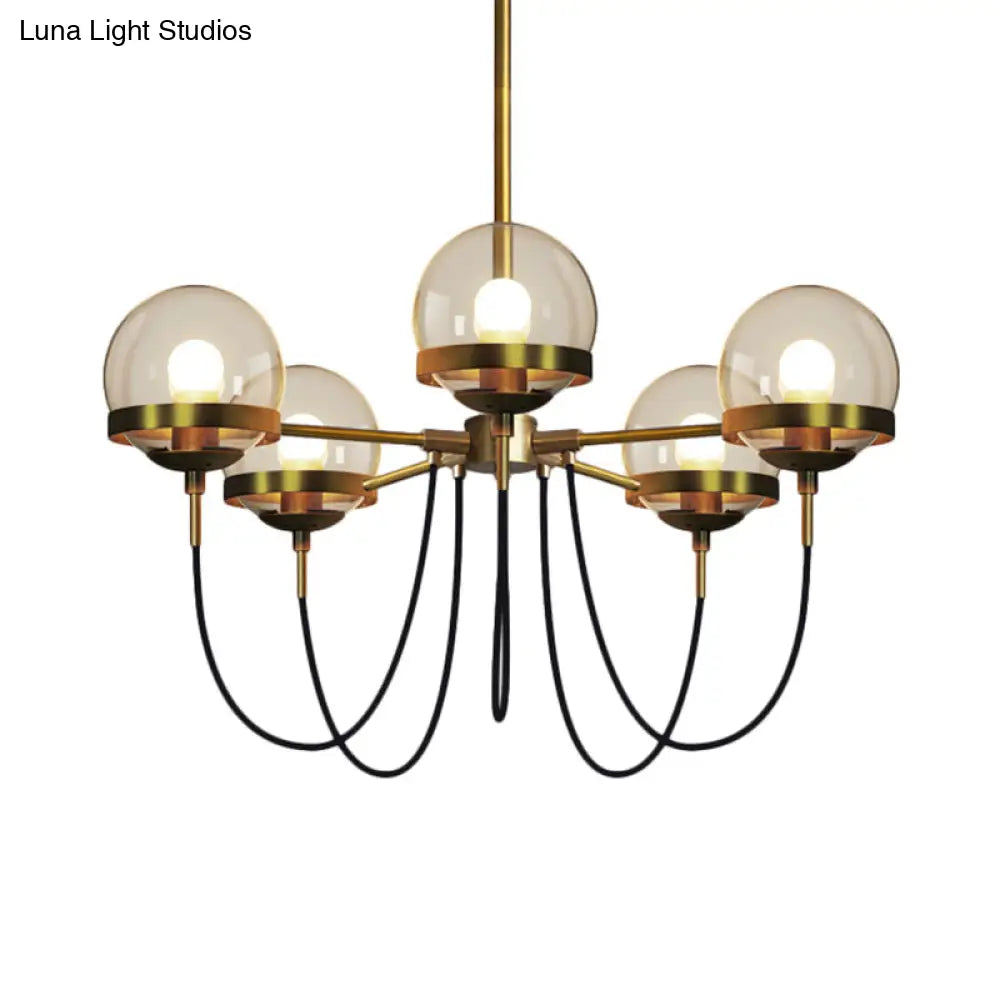 Lámpara de techo colgante modernista de múltiples luces: Cristal transparente global, negro/dorado, pantalla interior esférica de cristal ahumado