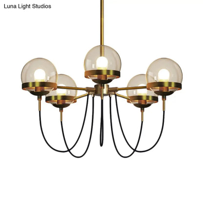 Lámpara de techo colgante modernista de múltiples luces: Cristal transparente global, negro/dorado, pantalla interior esférica de cristal ahumado