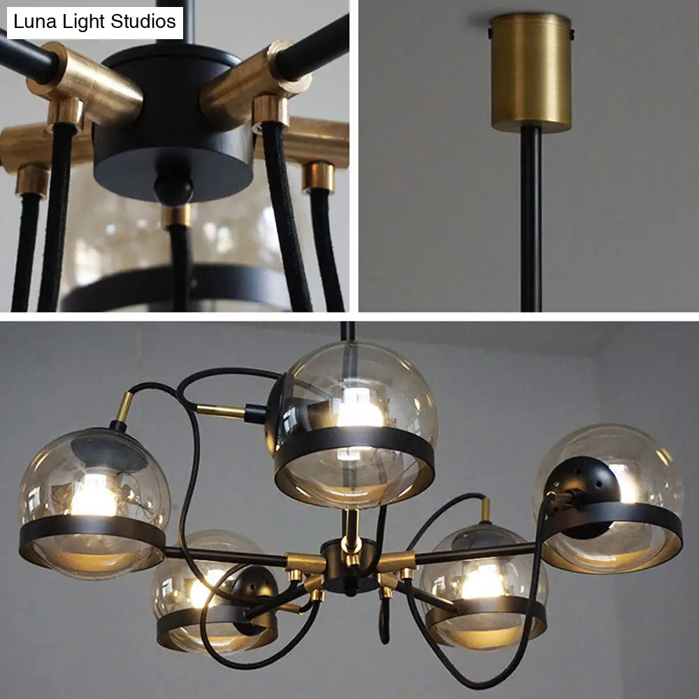 Lámpara de techo colgante modernista de múltiples luces: Cristal transparente global, negro/dorado, pantalla interior esférica de cristal ahumado