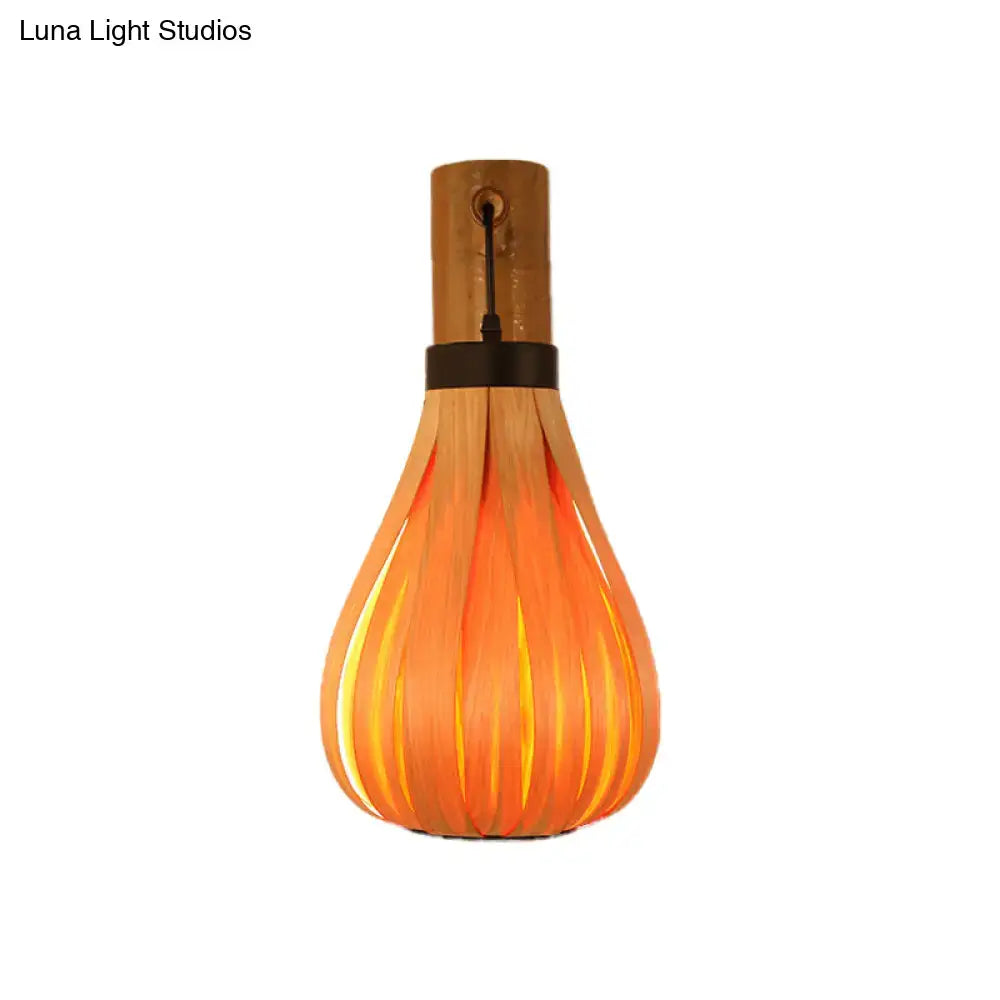 Modernist orange wood slat wall sconce with warm glow teardrop bamboo pendant lamp for foyer lighting