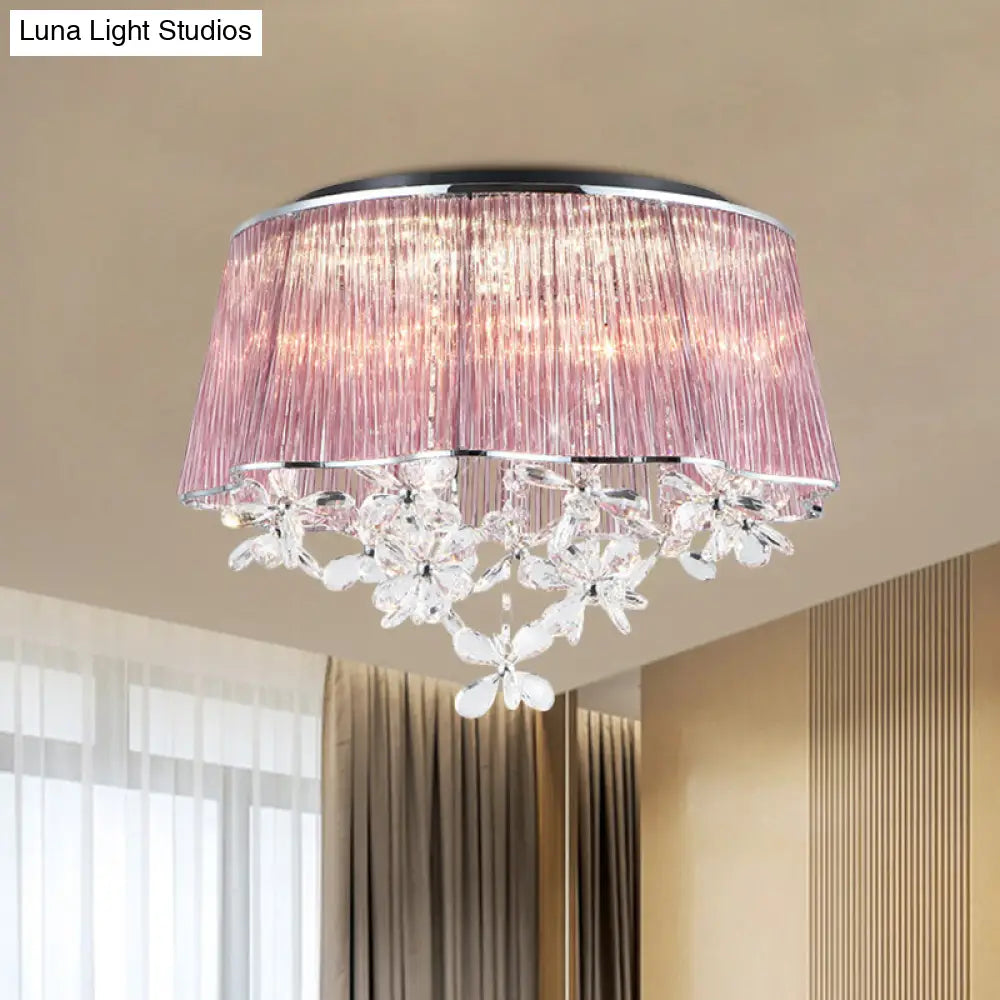 DecorBites™ DecorBites™ Modernist Pink Crystal Rods Ceiling Lamp with Scalloped Drum Shade, 3-Light Flush Mount