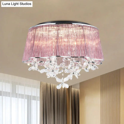 DecorBites™ DecorBites™ Modernist Pink Crystal Rods Ceiling Lamp with Scalloped Drum Shade, 3-Light Flush Mount