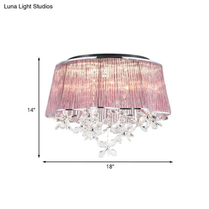 DecorBites™ DecorBites™ Modernist Pink Crystal Rods Ceiling Lamp with Scalloped Drum Shade, 3-Light Flush Mount