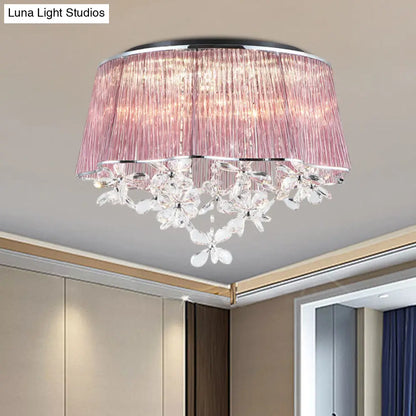 DecorBites™ DecorBites™ Modernist Pink Crystal Rods Ceiling Lamp with Scalloped Drum Shade, 3-Light Flush Mount