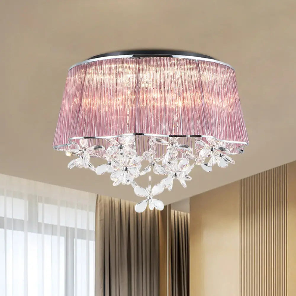 DecorBites™ DecorBites™ Modernist Pink Crystal Rods Ceiling Lamp with Scalloped Drum Shade, 3-Light Flush Mount