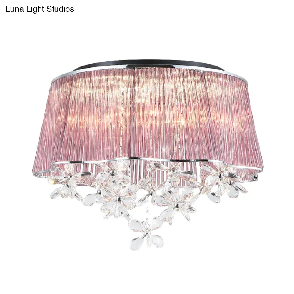 DecorBites™ DecorBites™ Modernist Pink Crystal Rods Ceiling Lamp with Scalloped Drum Shade, 3-Light Flush Mount