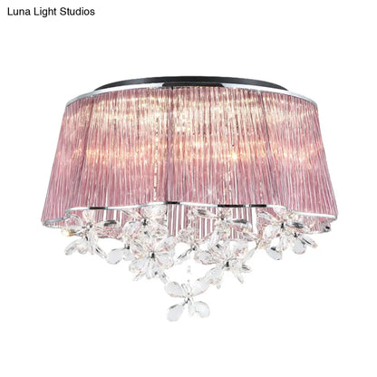 DecorBites™ DecorBites™ Modernist Pink Crystal Rods Ceiling Lamp with Scalloped Drum Shade, 3-Light Flush Mount