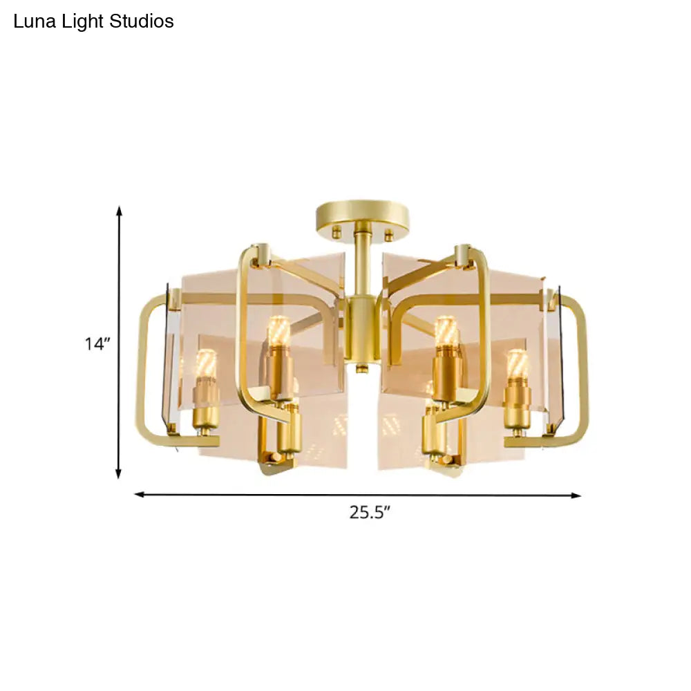 Modernist Semi Flush Light with Gold Rectangle Panel, Tan Glass Shade, and Drum Design - 6 Bulb Flush Mounted Lamp