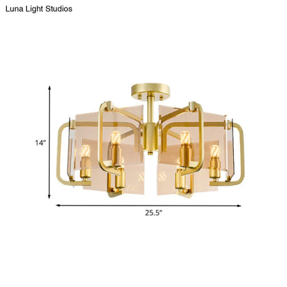 Modernist Semi Flush Light with Gold Rectangle Panel, Tan Glass Shade, and Drum Design - 6 Bulb Flush Mounted Lamp