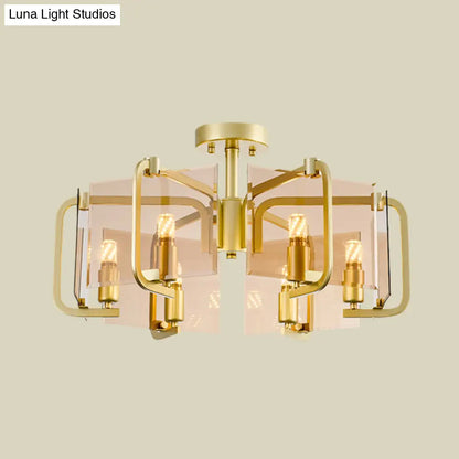 Modernist Semi Flush Light with Gold Rectangle Panel, Tan Glass Shade, and Drum Design - 6 Bulb Flush Mounted Lamp