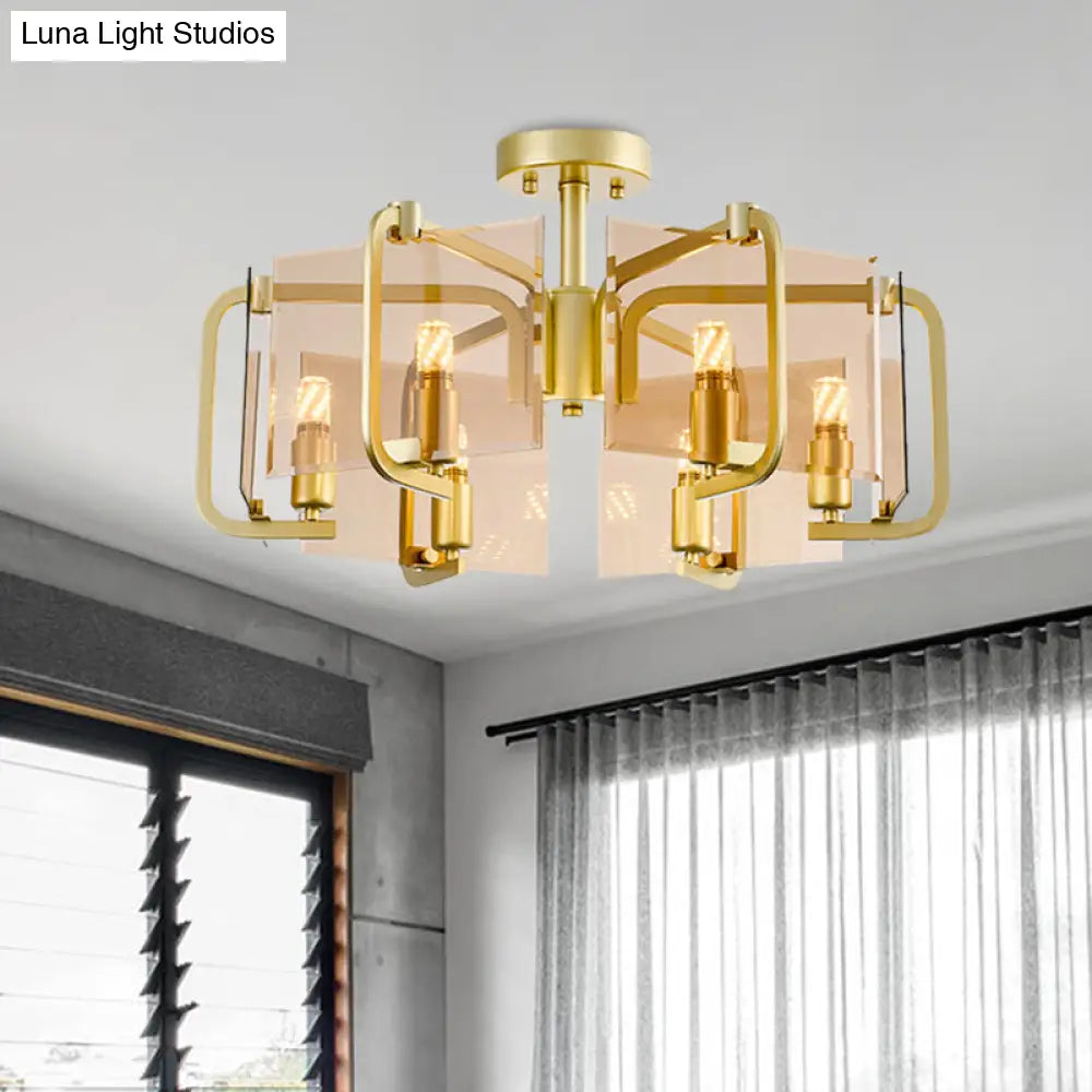 Modernist Semi Flush Light with Gold Rectangle Panel, Tan Glass Shade, and Drum Design - 6 Bulb Flush Mounted Lamp