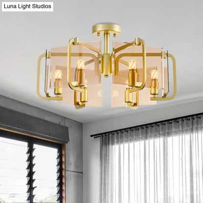 Modernist Semi Flush Light with Gold Rectangle Panel, Tan Glass Shade, and Drum Design - 6 Bulb Flush Mounted Lamp