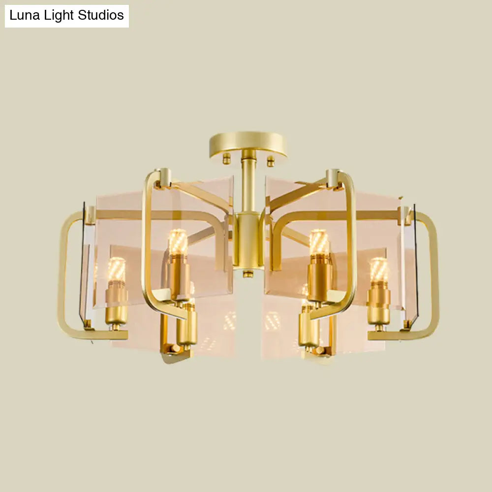 DecorBites™ DecorBites™ Modernist Semi Flush Light with Gold Rectangle Panel, Tan Glass Shade, and Drum Design - 6 Bulb Flush Mounted Lamp