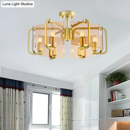 DecorBites™ DecorBites™ Modernist Semi Flush Light with Gold Rectangle Panel, Tan Glass Shade, and Drum Design - 6 Bulb Flush Mounted Lamp