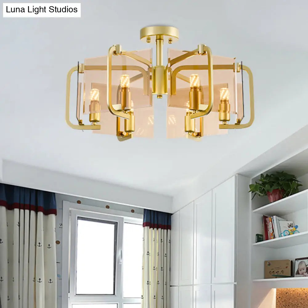 Modernist Semi Flush Light with Gold Rectangle Panel, Tan Glass Shade, and Drum Design - 6 Bulb Flush Mounted Lamp