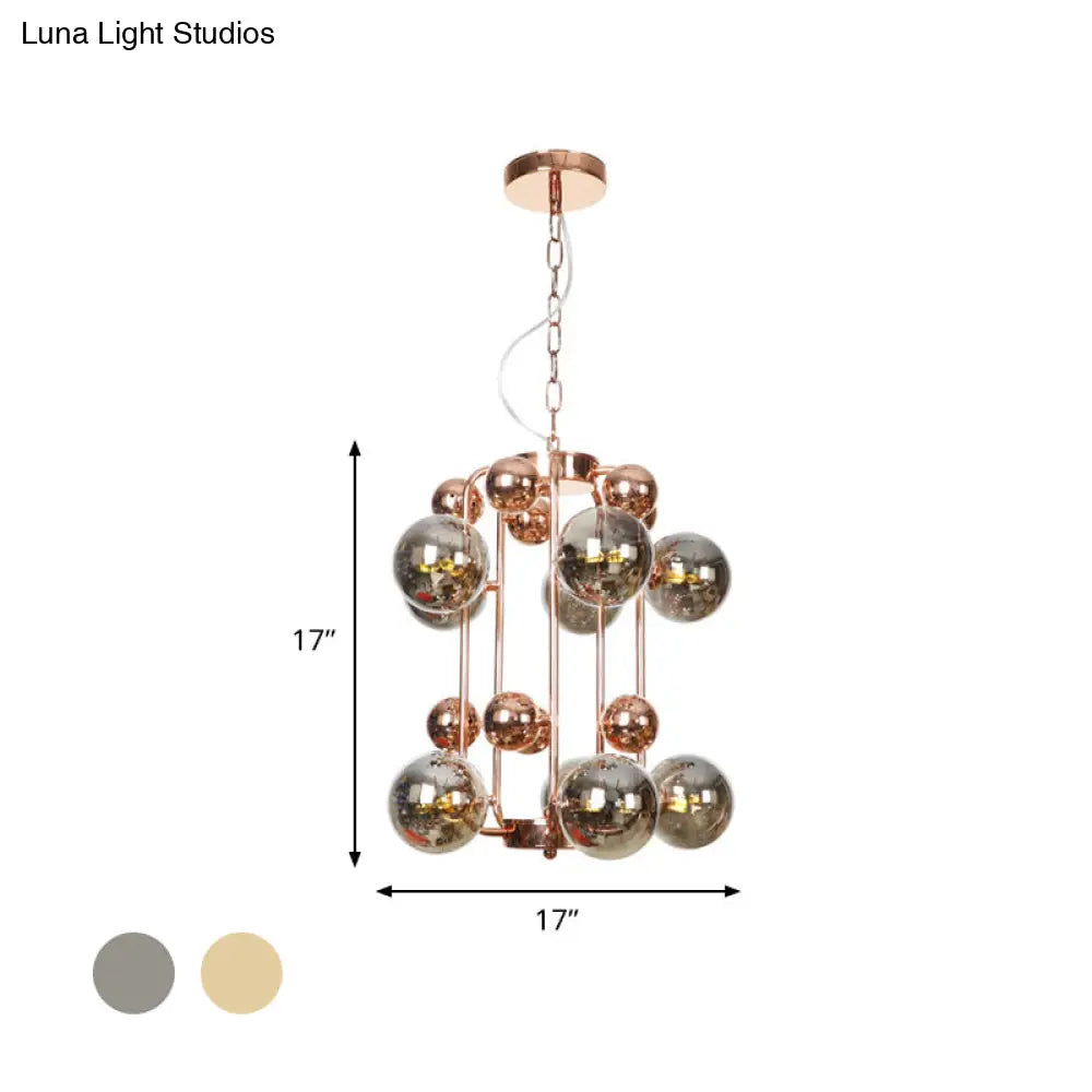 Lámpara de techo colgante modernista de 10 luces en forma de bola, de cristal gris humo/ámbar: elegante lámpara colgante de techo en oro rosa