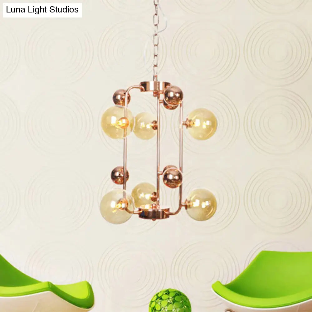 Lámpara de techo colgante modernista de 10 luces en forma de bola, de cristal gris humo/ámbar: elegante lámpara colgante de techo en oro rosa