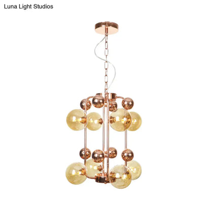 Lámpara de techo colgante modernista de 10 luces en forma de bola, de cristal gris humo/ámbar: elegante lámpara colgante de techo en oro rosa