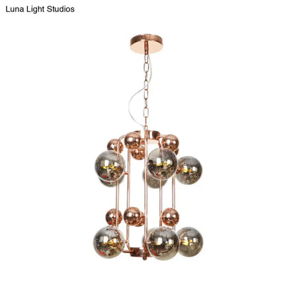 Lámpara de techo colgante modernista de 10 luces en forma de bola, de cristal gris humo/ámbar: elegante lámpara colgante de techo en oro rosa